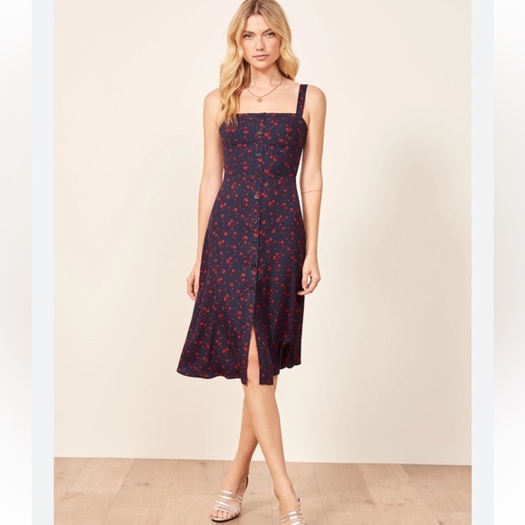 REFORMATION Virgil Dress Navy/Red Floral Print Ruffle Strap GRANADA Crepe Midi - Picture 14 of 16